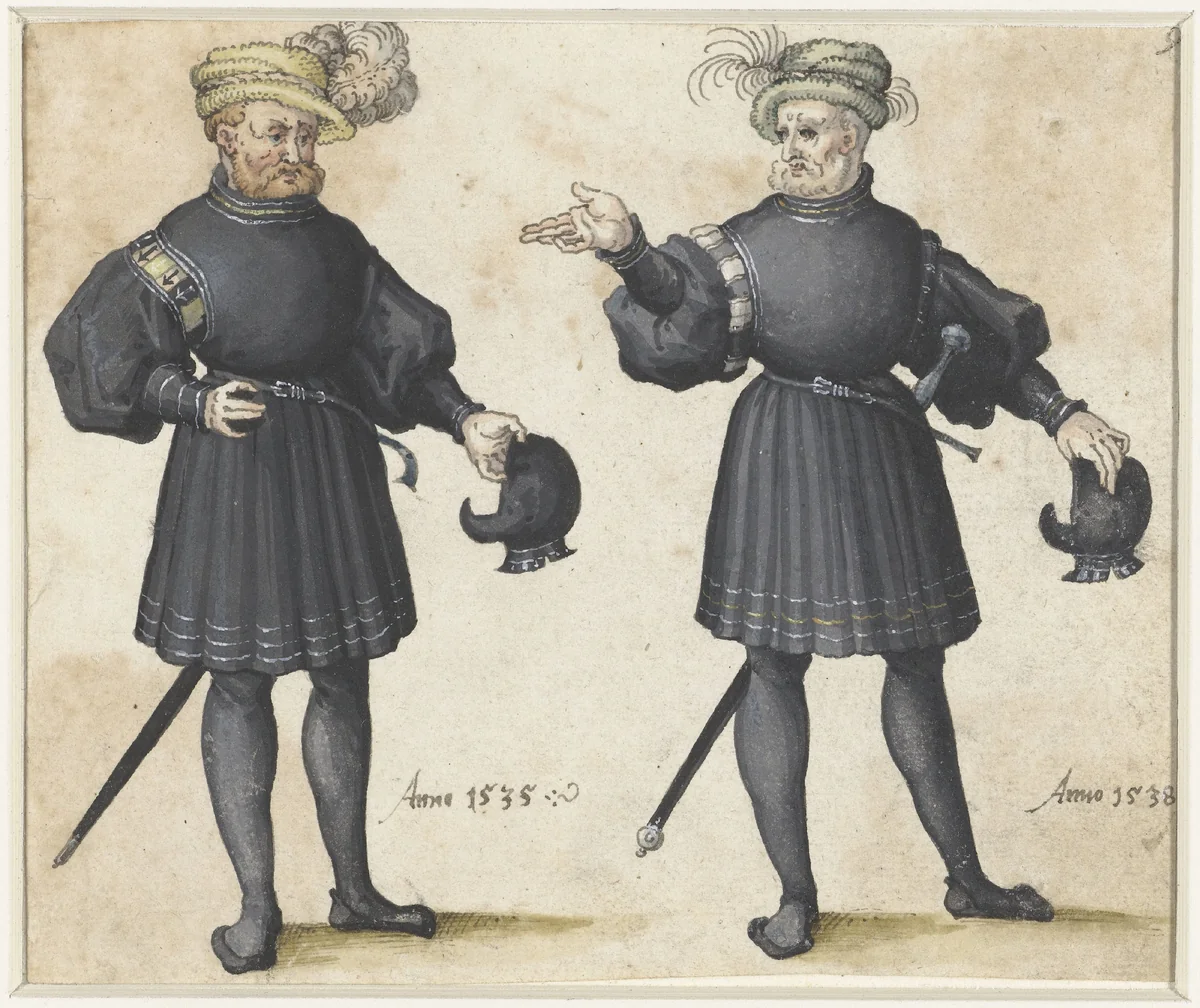 Twee hofdienaren in zwarte kleding by anonymous, drawing, 1530-1560