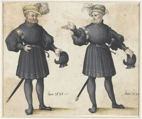 Twee hofdienaren in zwarte kleding by anonymous, drawing, 1530-1560