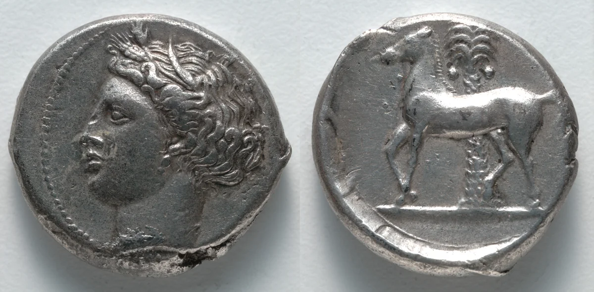 Tetradrachm: Head of Tanit-Persephone (obverse); Horse (reverse) by Unknown, metalwork, -355--315