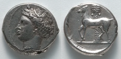 Tetradrachm: Head of Tanit-Persephone (obverse); Horse (reverse) by Unknown, metalwork, -355--315