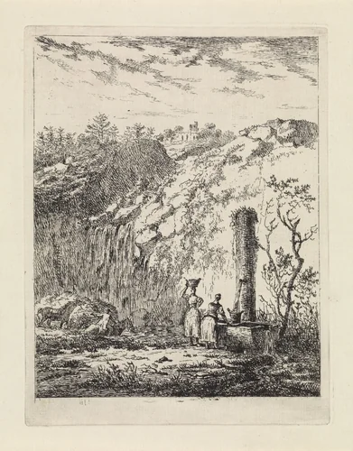 Heuvelachtig landschap met bron by Gerard van Nijmegen, print, 1790