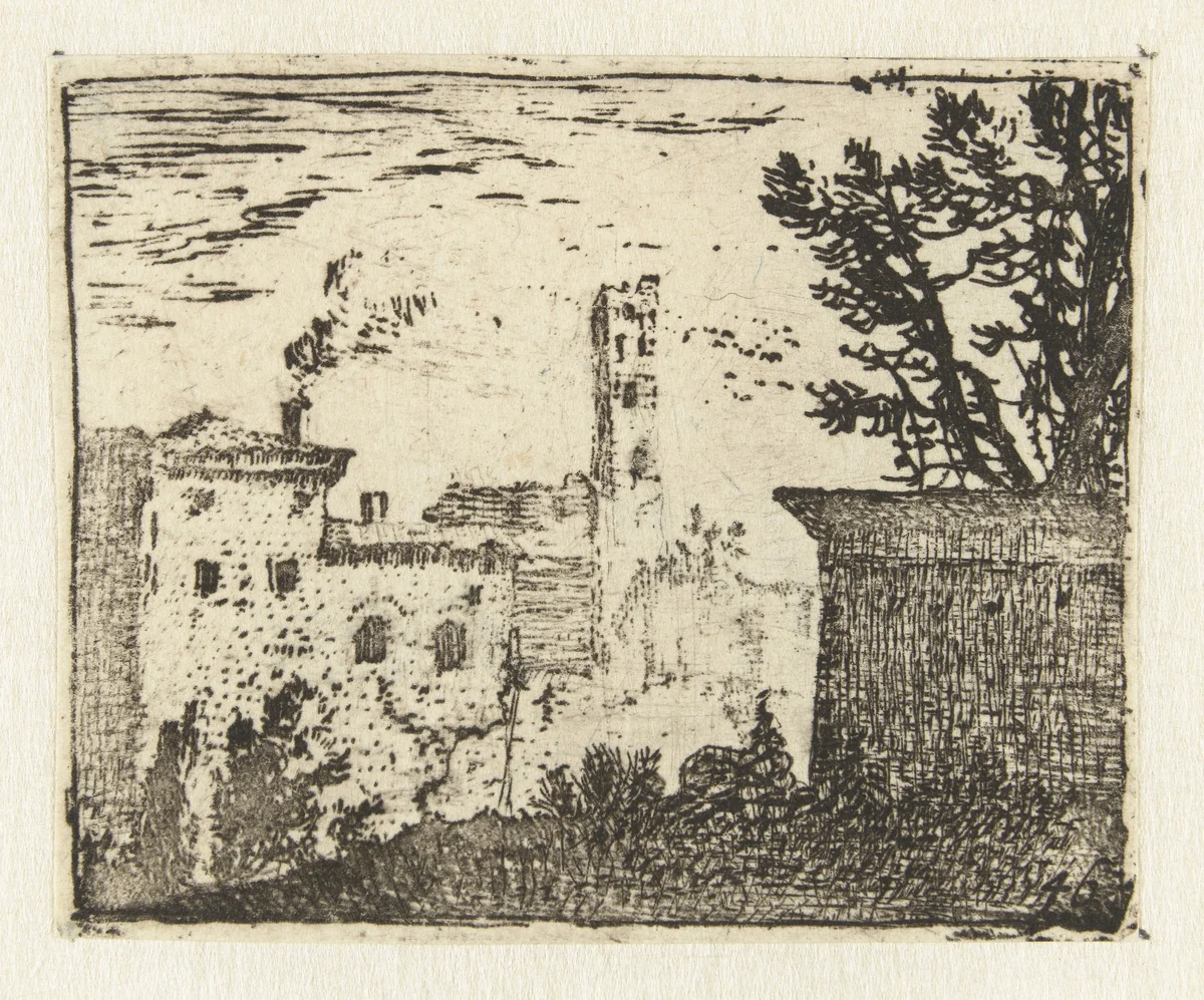 Gebouwen met een vierkante toren by Karel du Jardin, print, 1652-1659