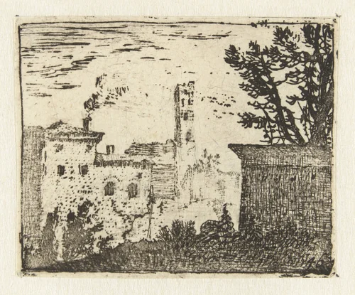 Gebouwen met een vierkante toren by Karel du Jardin, print, 1652-1659