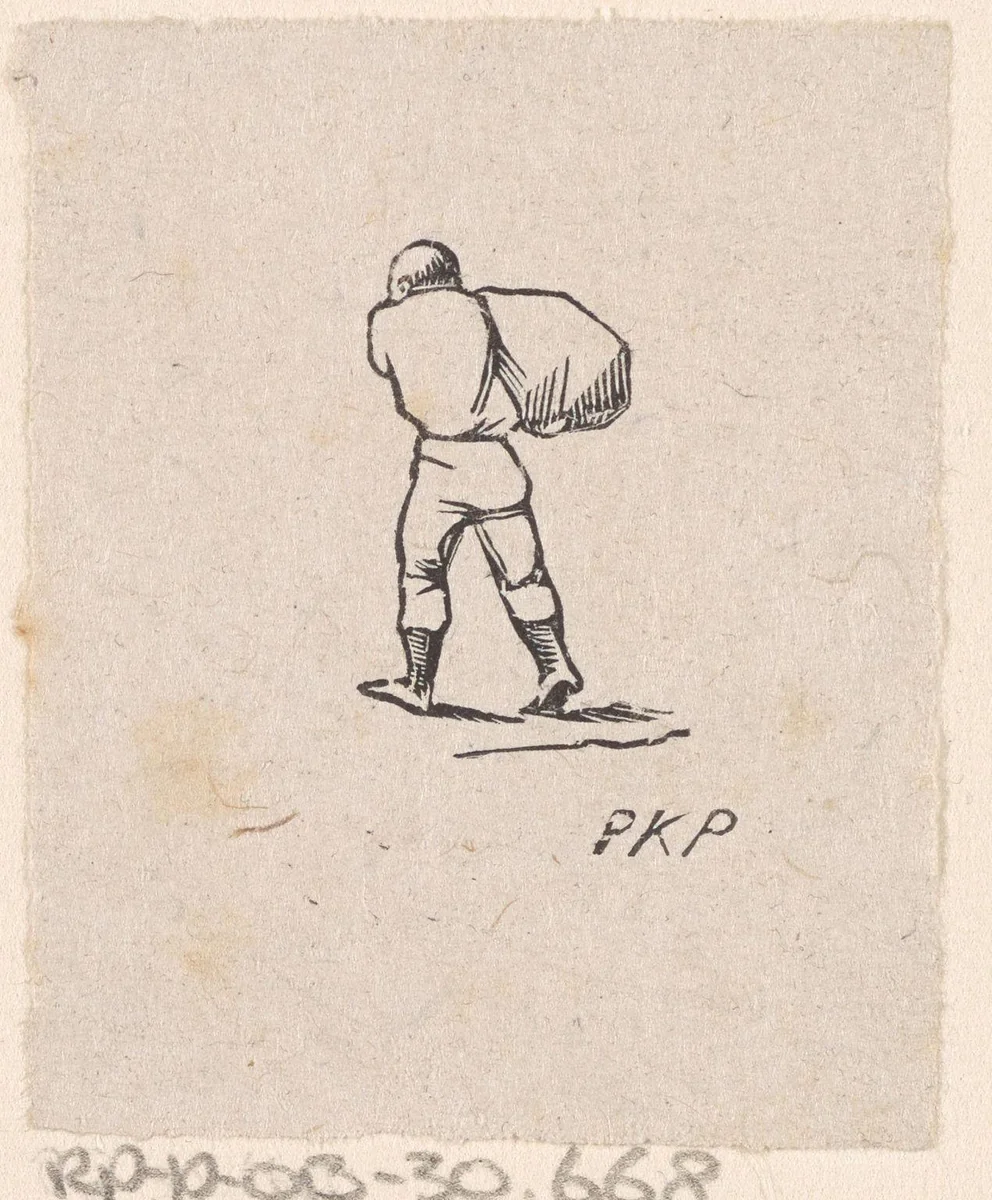Lopende man met een zak over zijn schouder by Isaac Weissenbruch, print, 1836-1912