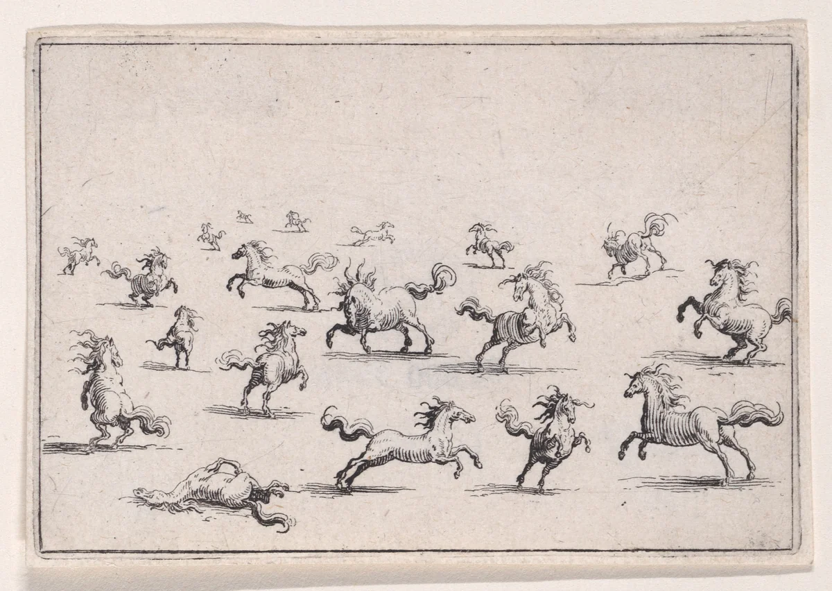 Chevaux Courant en Liberté (Horses Running Freely), from Les Caprices Series B, The Nancy Set by Jacques Callot, print, 1617-1620