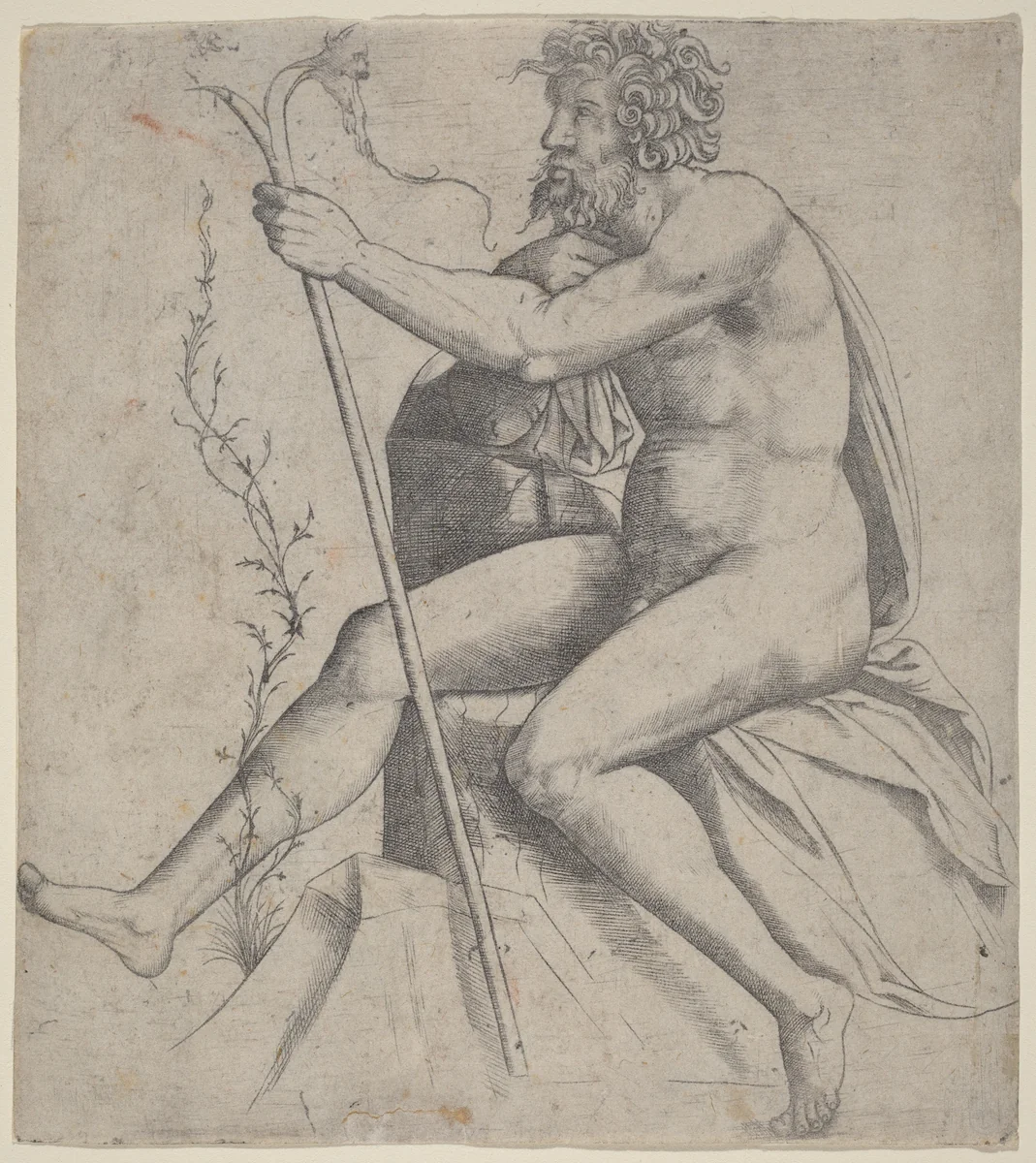 Man Seated Holding a Forked Staff by Giovanni Antonio da Brescia, print, 1514-1515