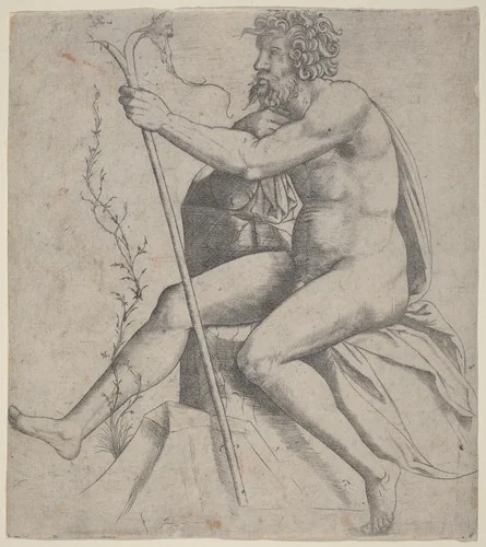 Man Seated Holding a Forked Staff by Giovanni Antonio da Brescia, print, 1514-1515