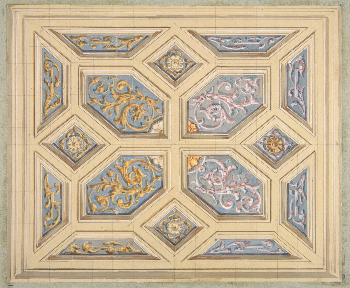 Design for a coffered ceiling decorated with rinceaux by Jules-Edmond-Charles Lachaise, drawing, 1840-1897