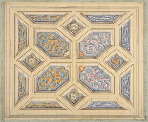 Design for a coffered ceiling decorated with rinceaux by Jules-Edmond-Charles Lachaise, drawing, 1840-1897
