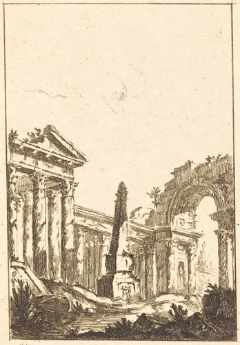 Capriccio with Ruins and an Obelisk by Jérôme Charles Bellicard, print, 1726-1786