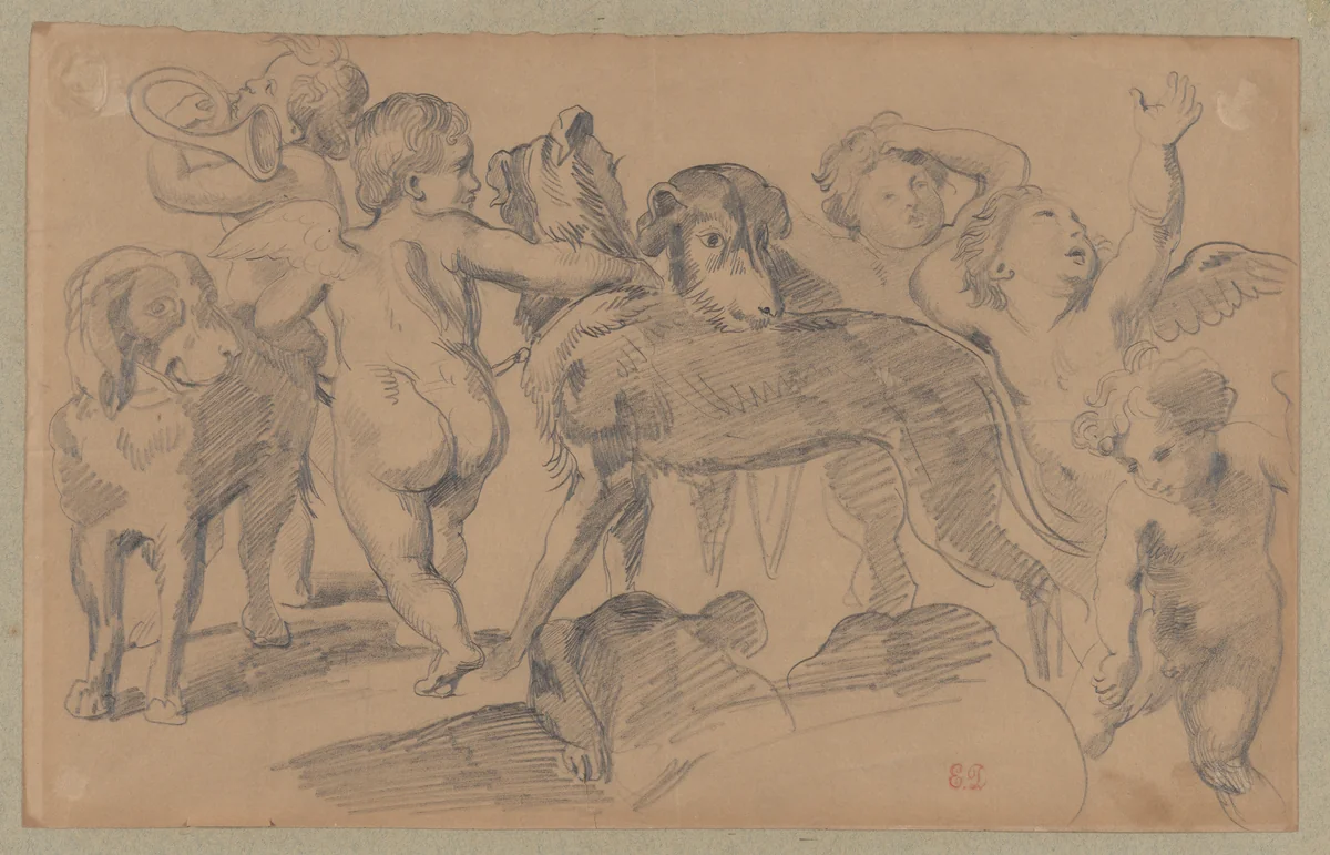 Study of Putti with Dogs, after Peter Paul Rubens by Eugène Delacroix, drawing, 1815-1868