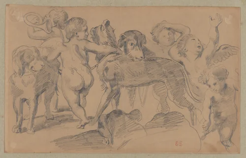 Study of Putti with Dogs, after Peter Paul Rubens by Eugène Delacroix, drawing, 1815-1868