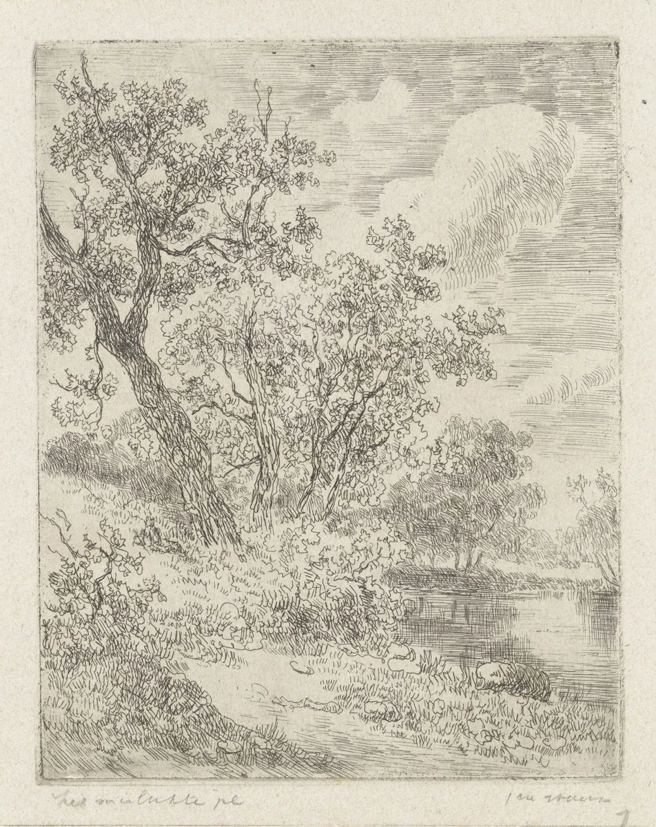 Rivieroever met bomen by anonymous, print, 1830-1882