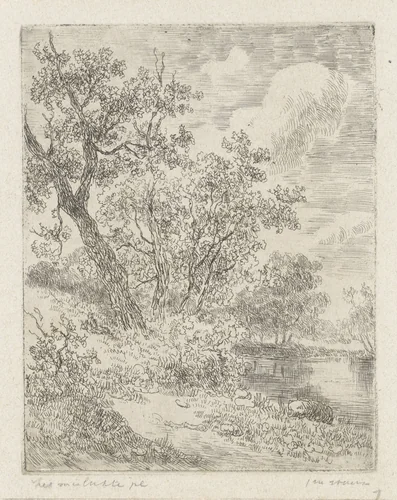Rivieroever met bomen by anonymous, print, 1830-1882