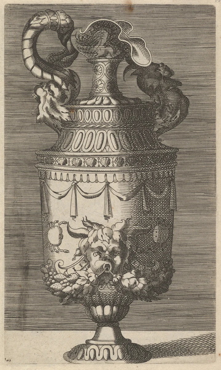 Vase with a Mask, Garlands and Two Crabs by René Boyvin, print, 1670-1700