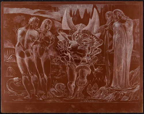 The Circle of the Thieves; Agnolo Brunelleschi Attacked by a Six-Footed Serpent by William Blake, technical material, 1827