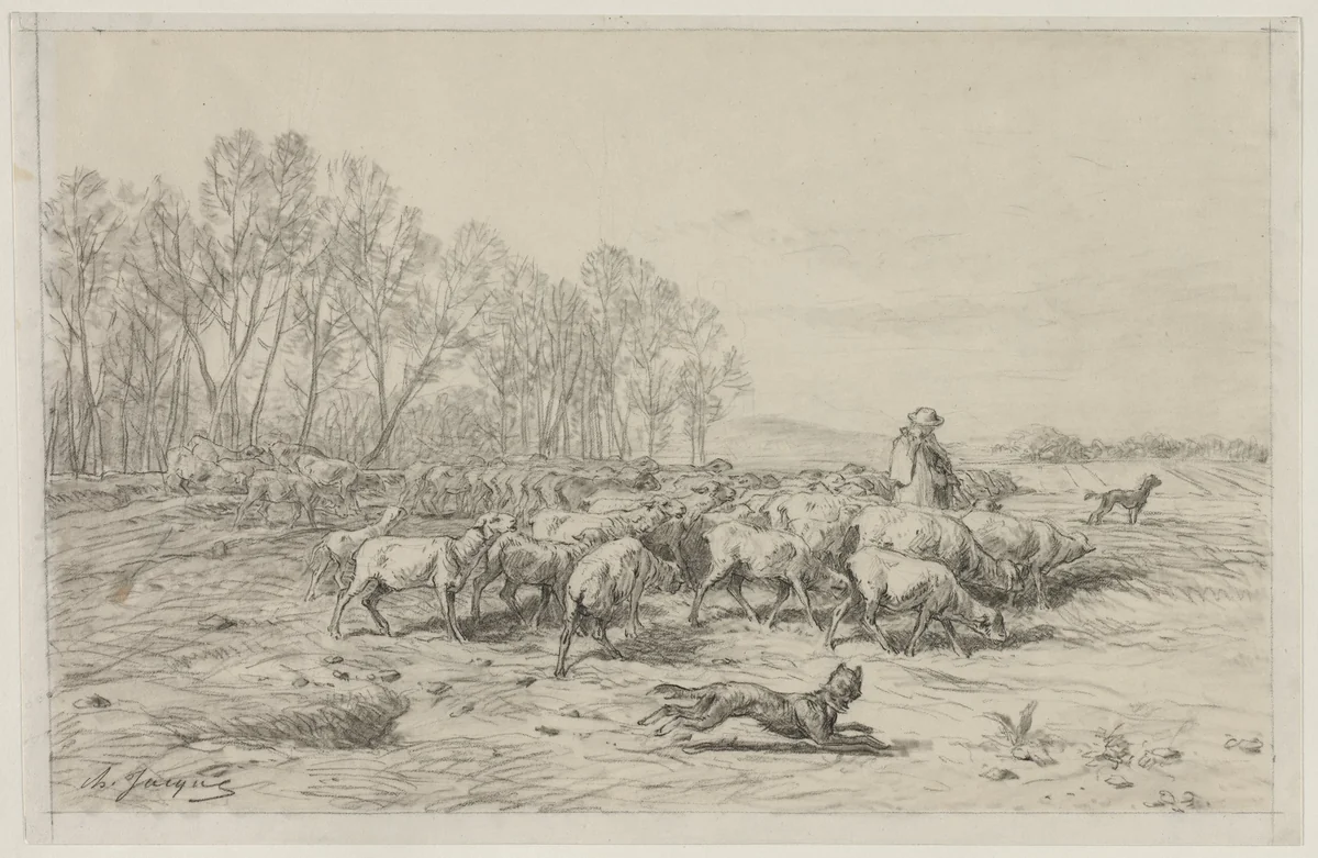 Landscape with a Flock of Sheep by Charles-Émile Jacque, drawing, 1813-1894