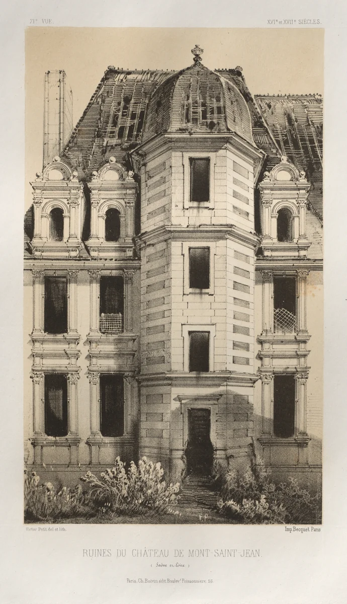 Architecture Pittoresque ou Monuments des XVeme. Et XVIeme. Siecles: Chateaux de France des XV et XVI Siecles: Pl. 71, Ruines Du Château De Mont-Saint-Jean (Saône et Loire) by Victor Petit, print, 1860