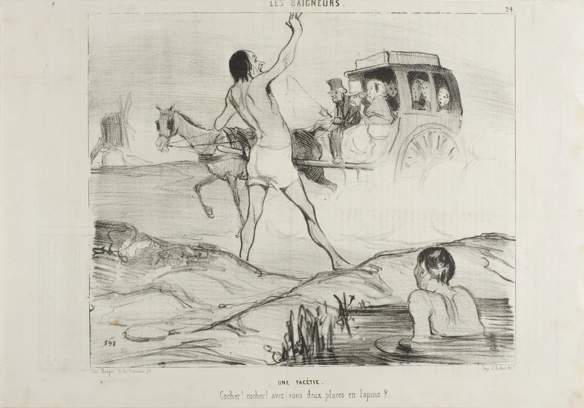 A Practical Joke. "Driver! Driver! Do you still have two seats in the rabbit section??,” plate 24 from Les Baigneurs by Honoré-Victorin Daumier, print, 1842