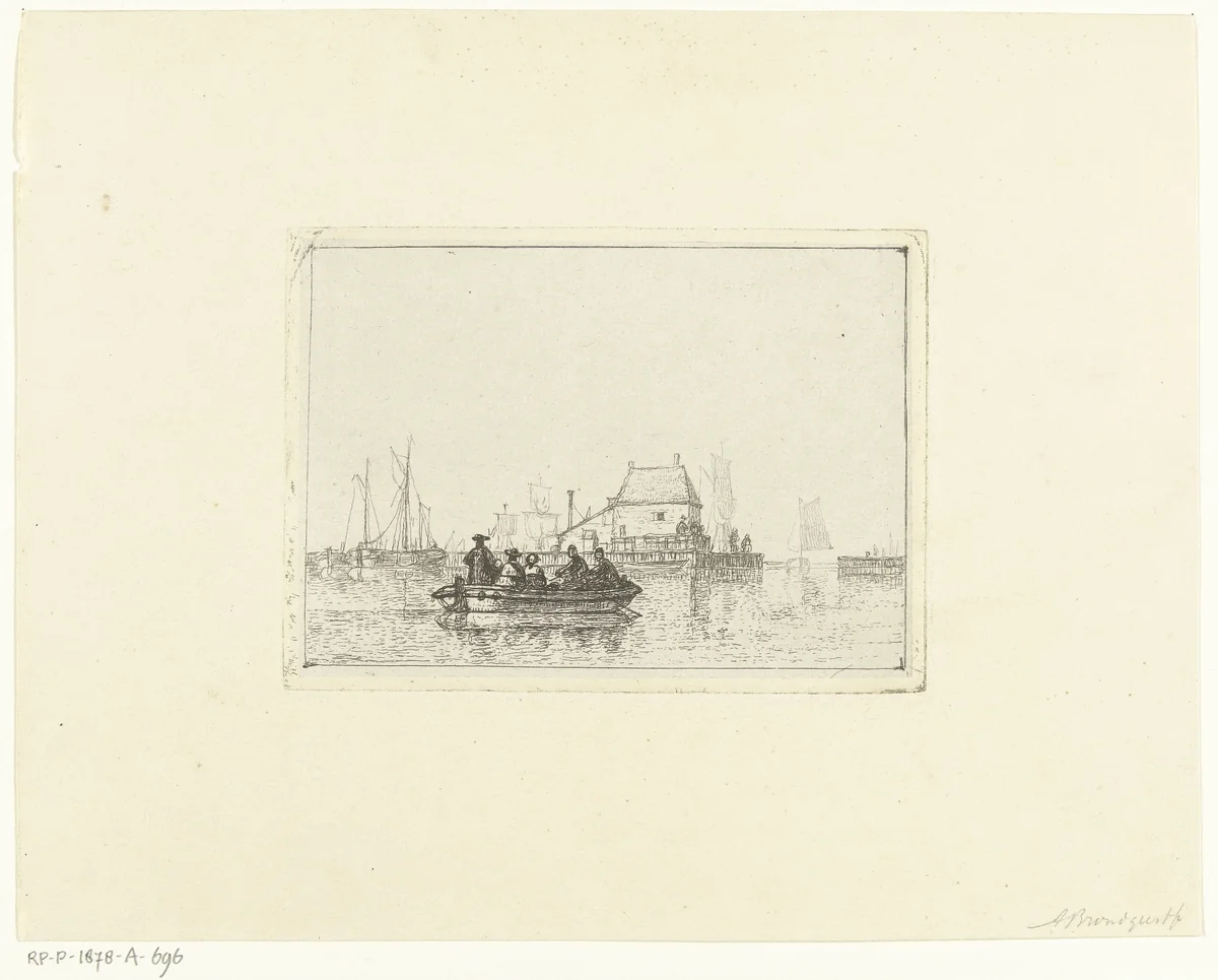 Riviergezicht met roeiboot bij havenhoofd by Albertus Brondgeest, print, 1796-1849