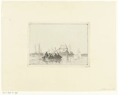 Riviergezicht met roeiboot bij havenhoofd by Albertus Brondgeest, print, 1796-1849