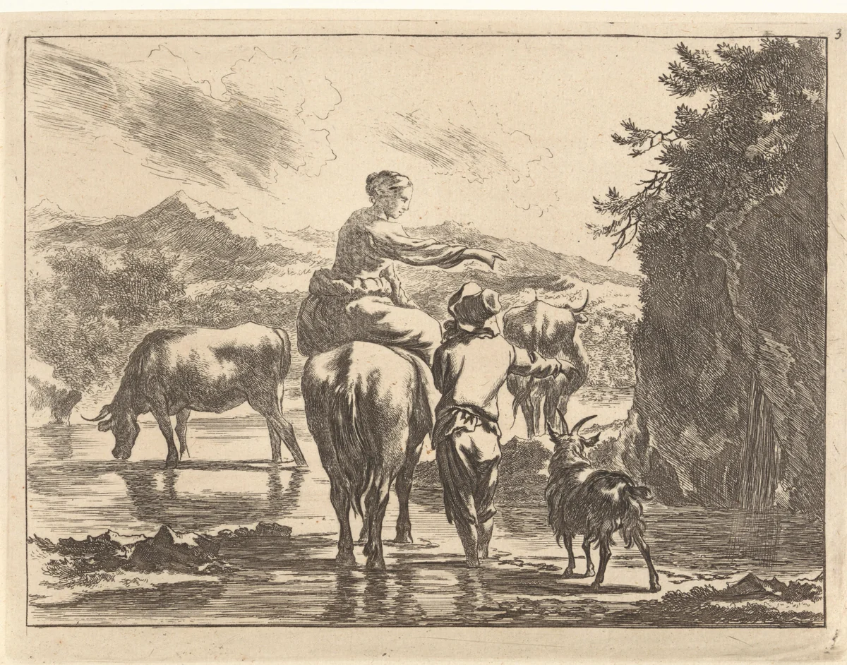 Herders bij een waterval by Jan de Visscher, print, 1643-1692