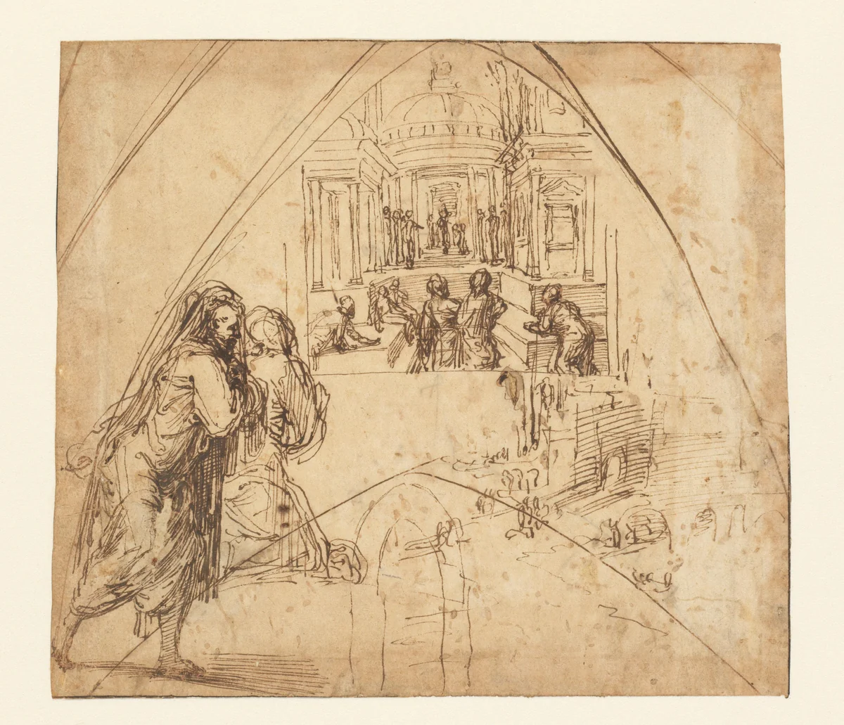 Tempelgang van Maria by Vincenzo Tamagni, drawing, 1502-1530
