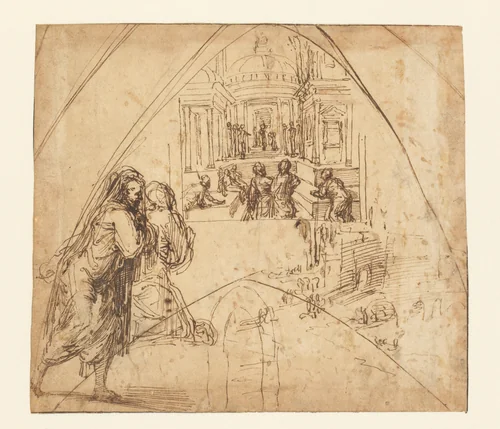 Tempelgang van Maria by Vincenzo Tamagni, drawing, 1502-1530