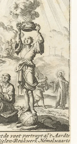 Figuur staat op een rijksappel en houdt een rokende offerschaal in de lucht by Jan Luyken, print, 1687