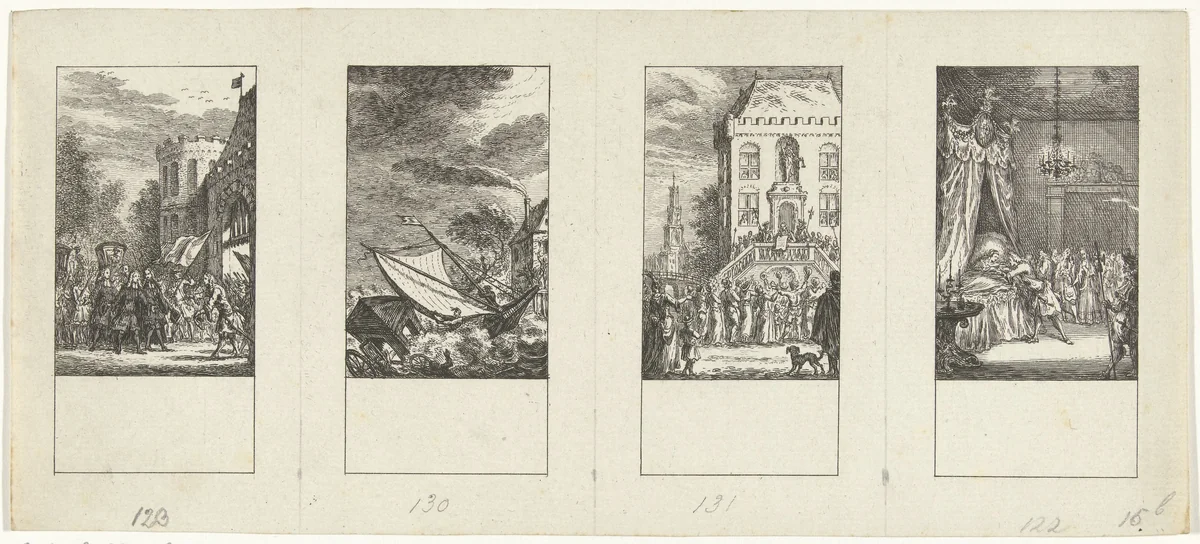 Vier episodes uit de vaderlandse geschiedenis by Simon Fokke, print, 1776-1777
