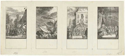 Vier episodes uit de vaderlandse geschiedenis by Simon Fokke, print, 1776-1777