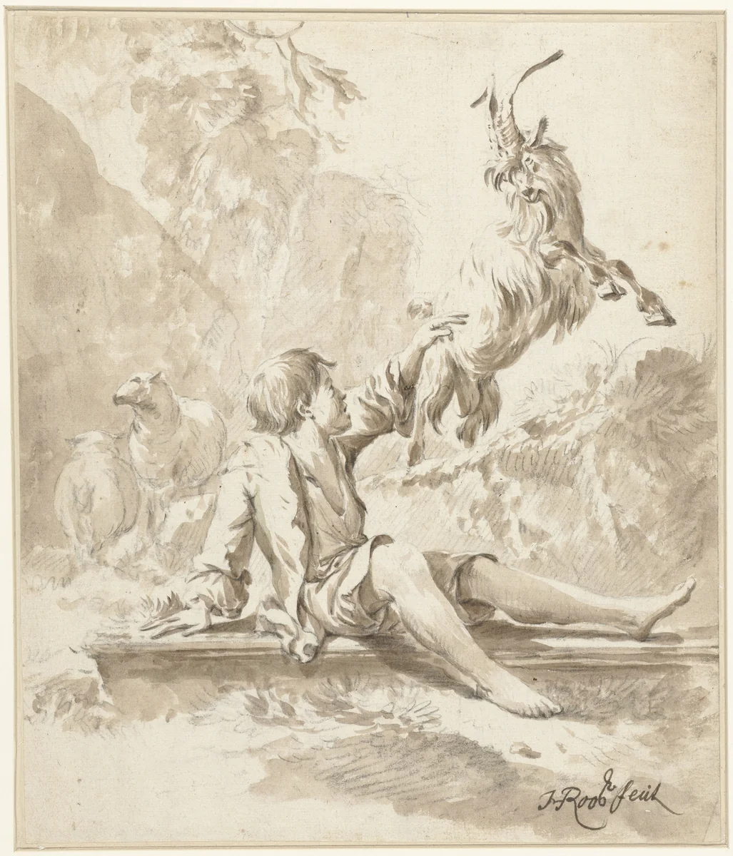 Herdersjongen met een bok spelend by Johann Heinrich Roos, drawing, 1641-1685