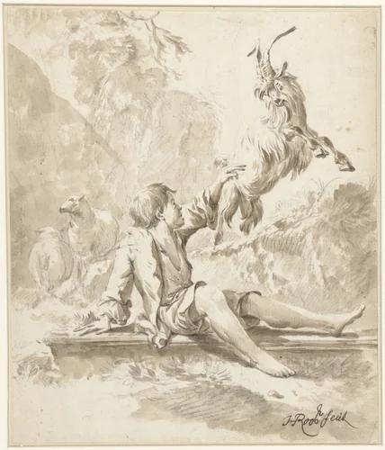 Herdersjongen met een bok spelend by Johann Heinrich Roos, drawing, 1641-1685