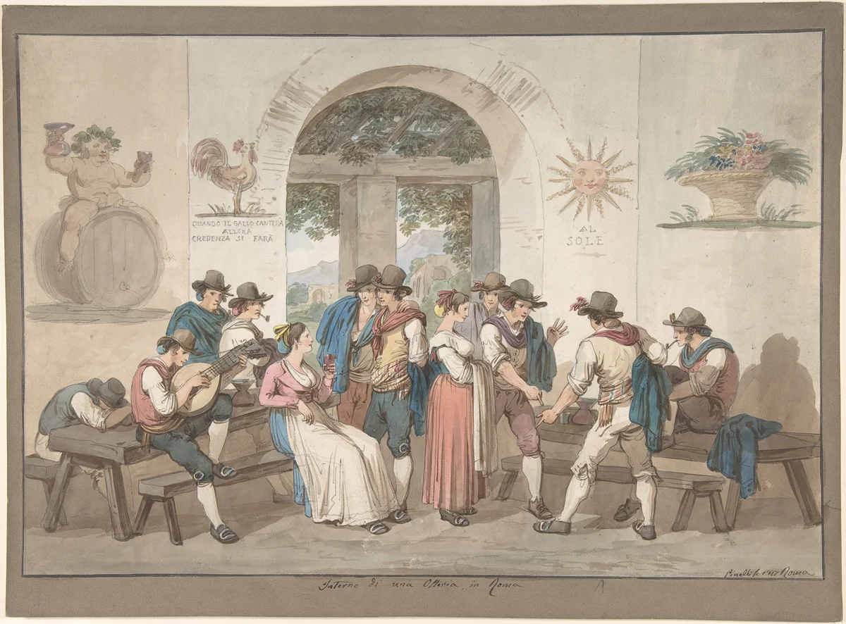 Interior of a Roman Inn by Bartolomeo Pinelli, drawing, 1817