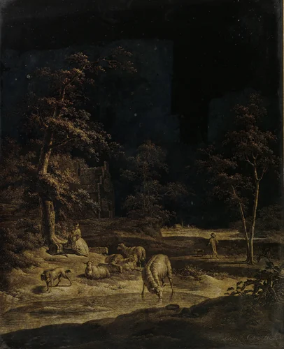Shepherdess with Sheep by Leendert Overbeek, painting, 1780-1815