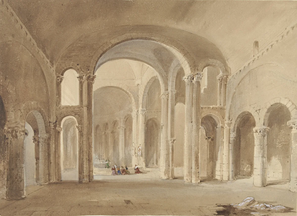 Interieur van S. Hilaire te Poitiers, met knielende figuren aan de Confessio by Alexis Nicolas Noël, drawing, 1802-1871
