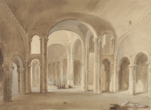 Interieur van S. Hilaire te Poitiers, met knielende figuren aan de Confessio by Alexis Nicolas Noël, drawing, 1802-1871