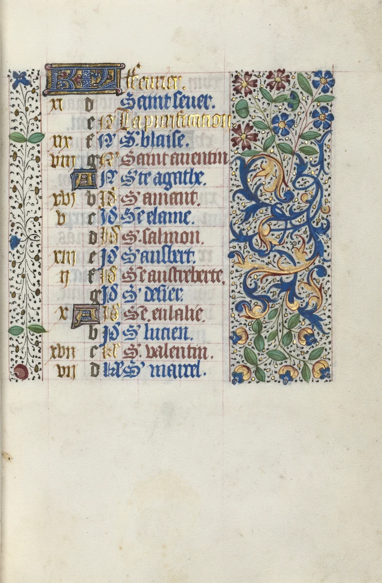 Book of Hours (Use of Rouen): fol. 2r, Calendar Page for February by Master of the Geneva Latini, book, 1465-1475