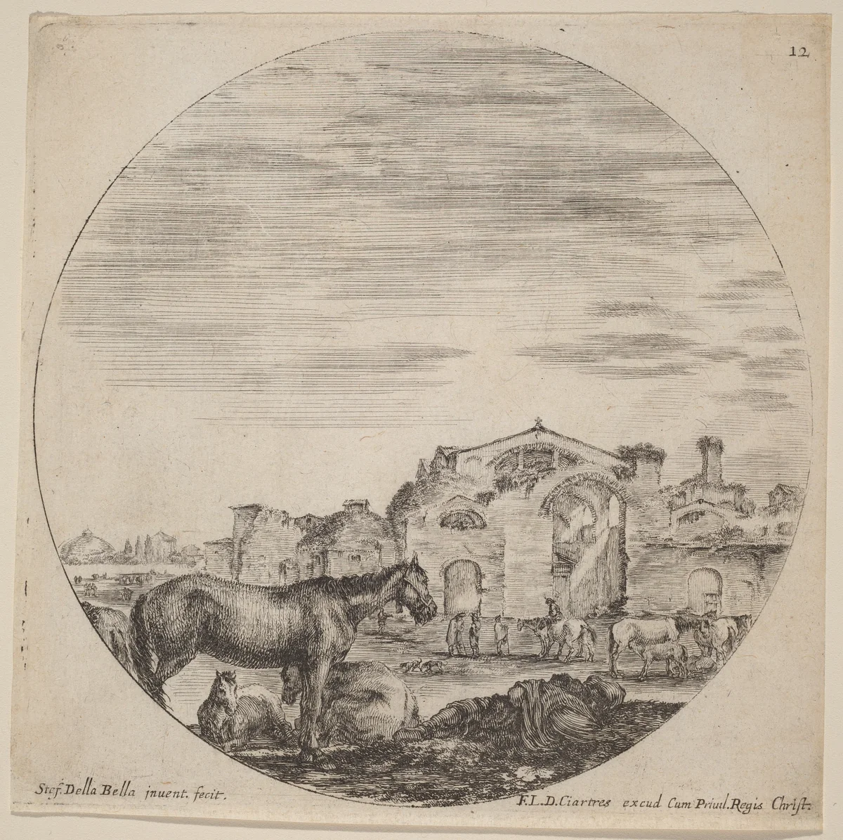 Baths of Diocletian and Shepherd Sleeping by Stefano della Bella, print, 1646