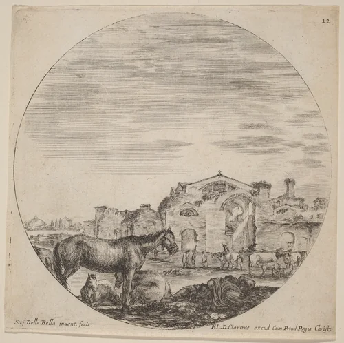 Baths of Diocletian and Shepherd Sleeping by Stefano della Bella, print, 1646