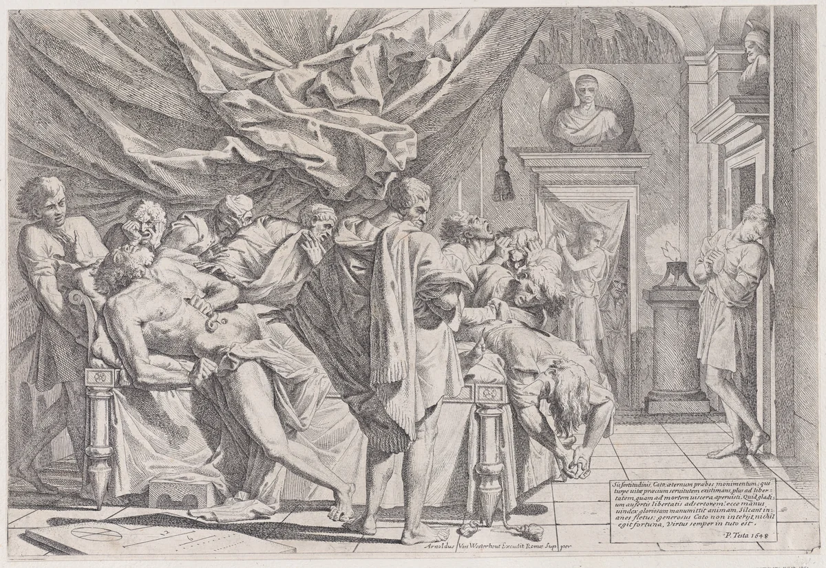 The suicide of the philosopher Cato, who lies on his bed pulling out his innards watched by horrified disciples by Pietro Testa, print, 1600-1650
