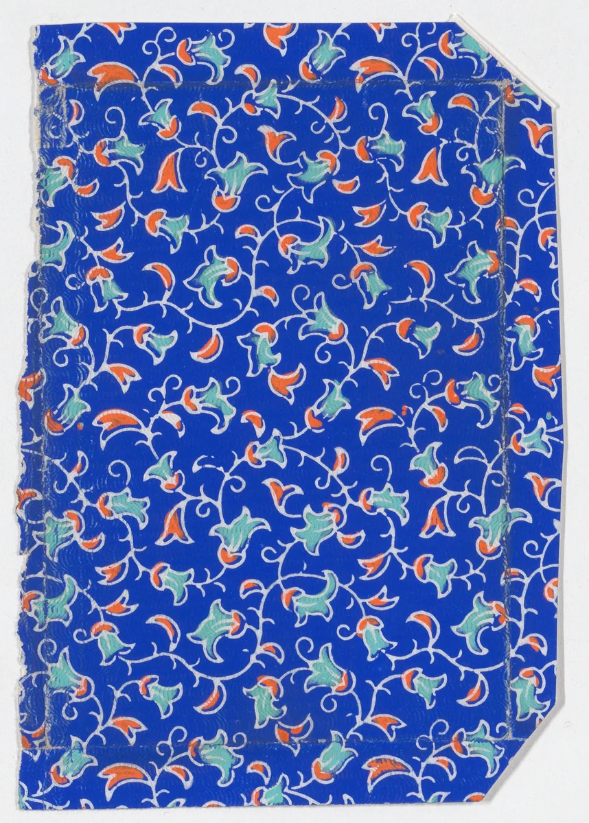 Bright blue sheet with vine pattern by anonymous, print, 1800-1900