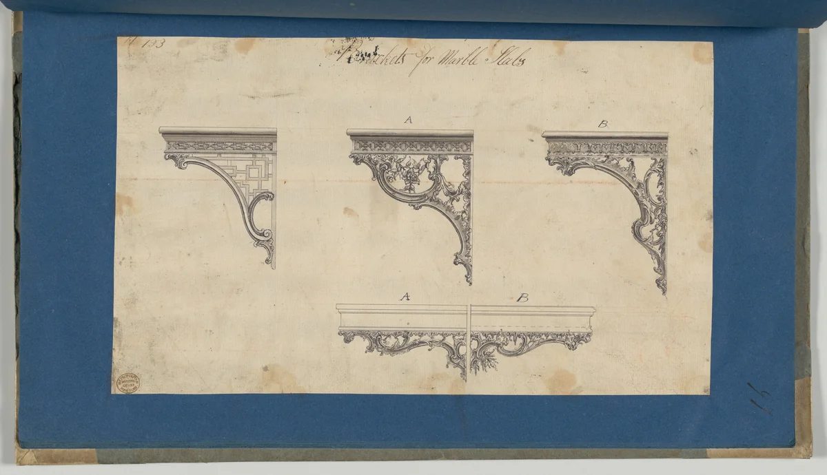 Brackets for Marble Slabs, in Chippendale Drawings, Vol. I by Thomas Chippendale, drawing, 1754