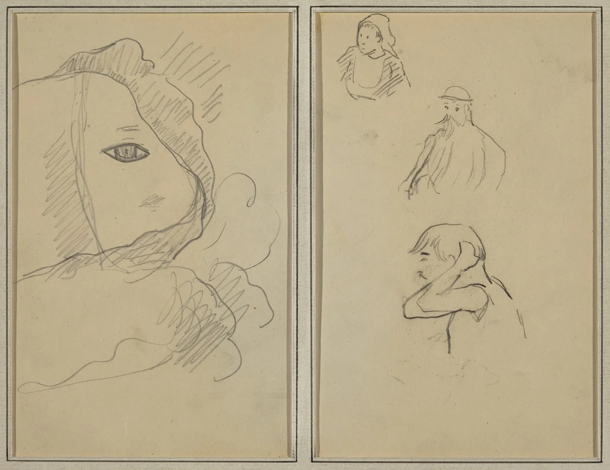 Eye and Part of Face; A Breton Woman and Two Men [recto] by Paul Gauguin, drawing, 1884-1888