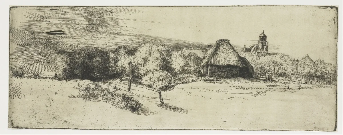 Landscape with a farm building and the 'house with the tower' by Rembrandt van Rijn, print, 1650