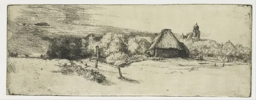 Landscape with a farm building and the 'house with the tower' by Rembrandt van Rijn, print, 1650