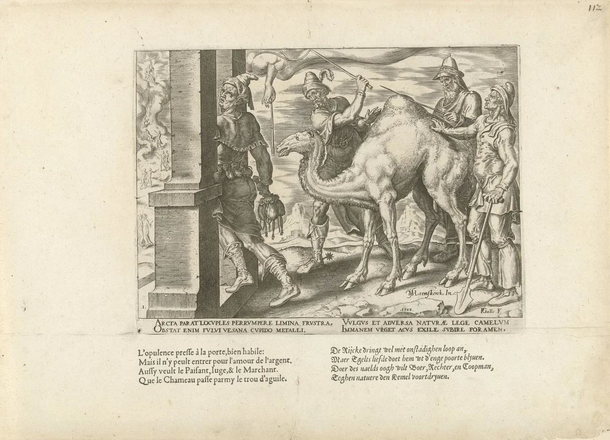Het is gemakkelijker voor een kameel om door het oog van een naald te gaan, dan voor een rijke om het koninkrijk van God binnen te gaan by Unknown, print, 1563