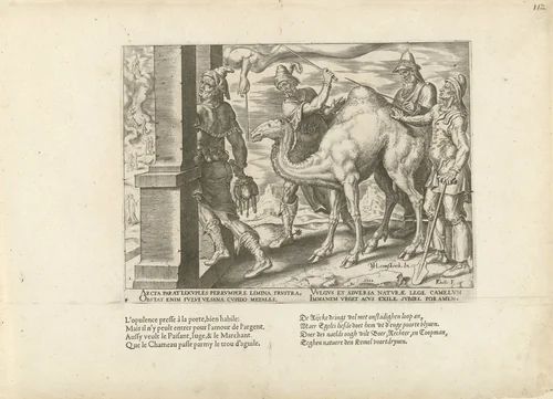 Het is gemakkelijker voor een kameel om door het oog van een naald te gaan, dan voor een rijke om het koninkrijk van God binnen te gaan by Unknown, print, 1563