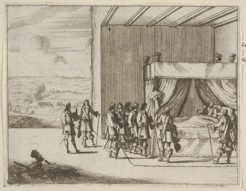 Francesco I d'Este, Wounded in Battle, Continues to Orchestrate the Seige of Pavia, from L'Idea di un Principe ed Eroe Cristiano in Francesco I d'Este, di Modena e Reggio Duca VIII [...] by Bartolomeo Fenice, print, 1659