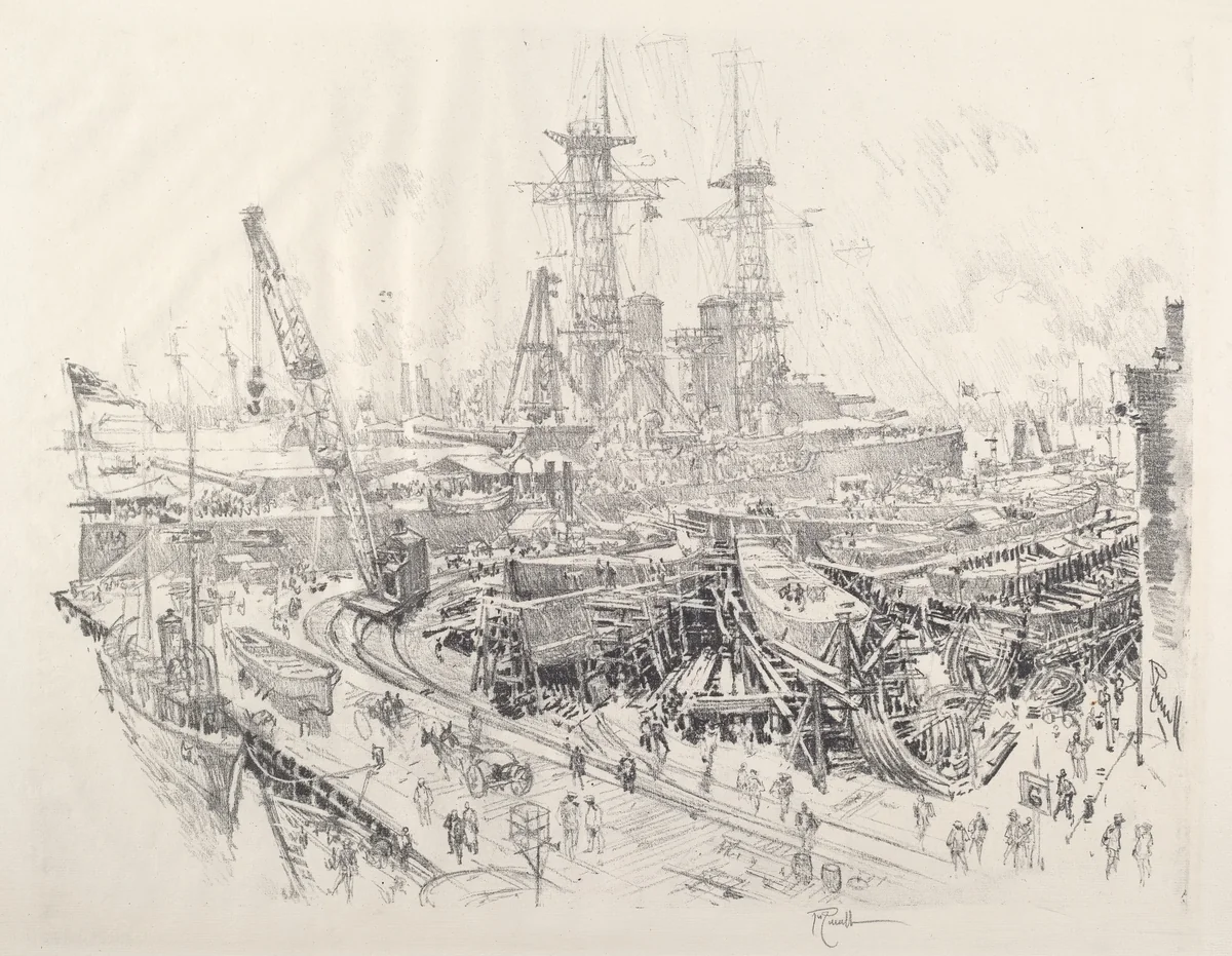 Building Submarine Chasers by Joseph Pennell, print, 1917